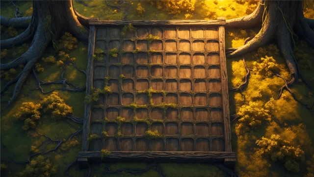 An empty wooden board among roots and amber-lit woodland.