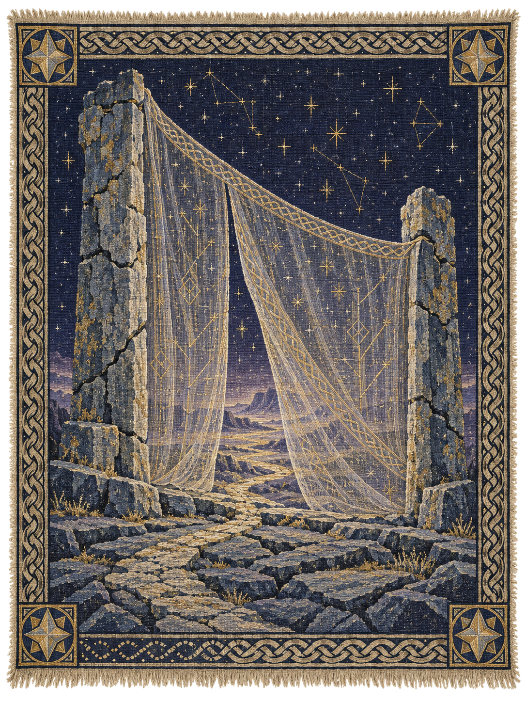 Woven tapestry depicting two ancient pillars with golden threads cascading between them against a starlit sky
