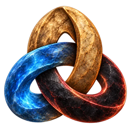 Trueweave emblem: blue, gold, and dark coral stone woven together